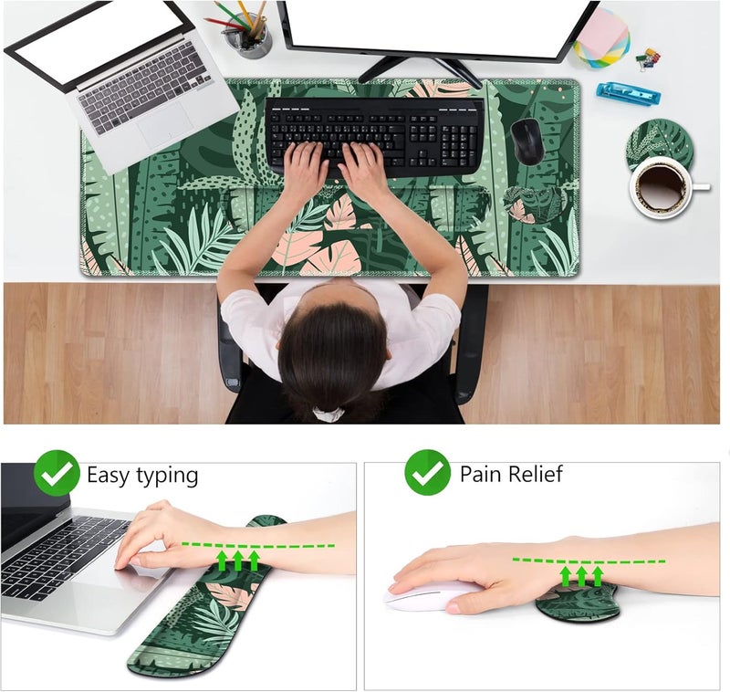 AIMSA Large Gaming Mouse Pad Set, Keyboard Wrist Rest Support Mouse Pad, Ergonomic Memory Foam Multifunctional Extended Desk Mat 35x15.7in Anti-Slip Rubber Base for Office Home, Pink Green Leaves - Image 2